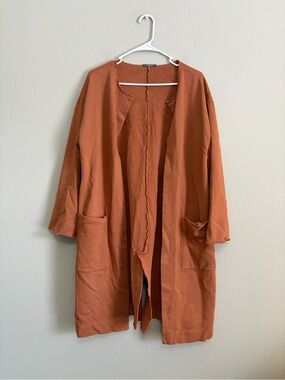 ERRANT long knit pocketed rust cotton cardigan with a slit back bottom small
